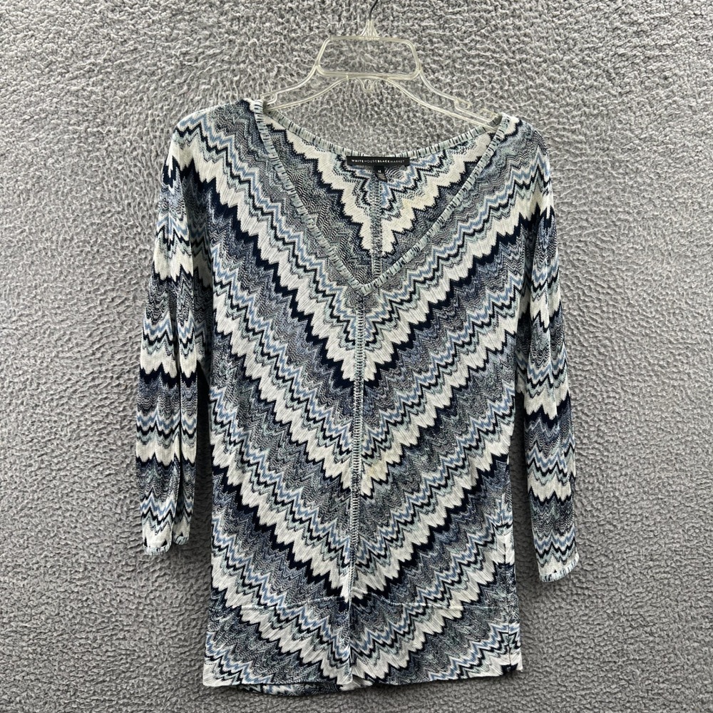 White House Black Market Women Boho Indie Top M Artsy Chevron Knit Cozy Elevated